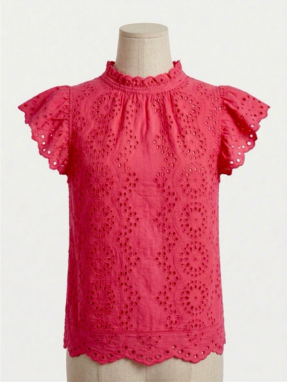 Jennifer & Grace Magenta Pink Eyelet Flutter Sleeve High Neck Blouse Cotton M